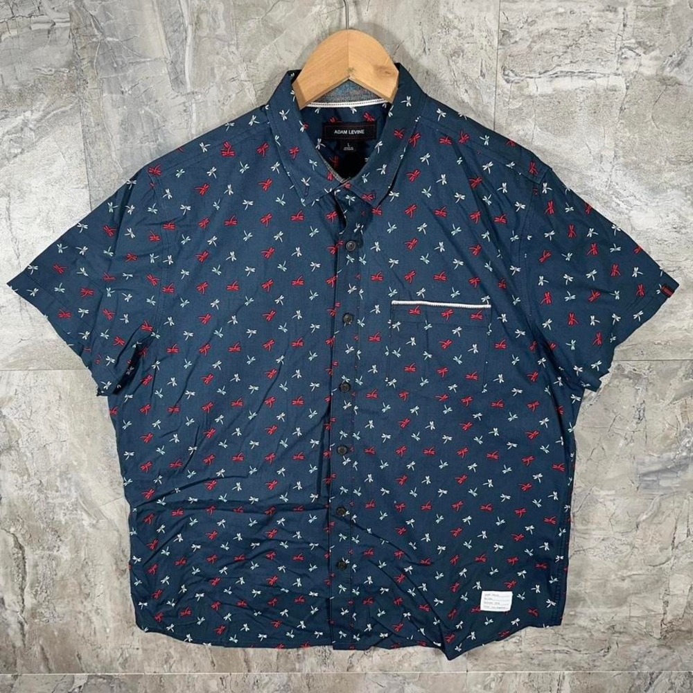 Adam Levine navy blue button up shirt with red dragonfly print Mens Size L
